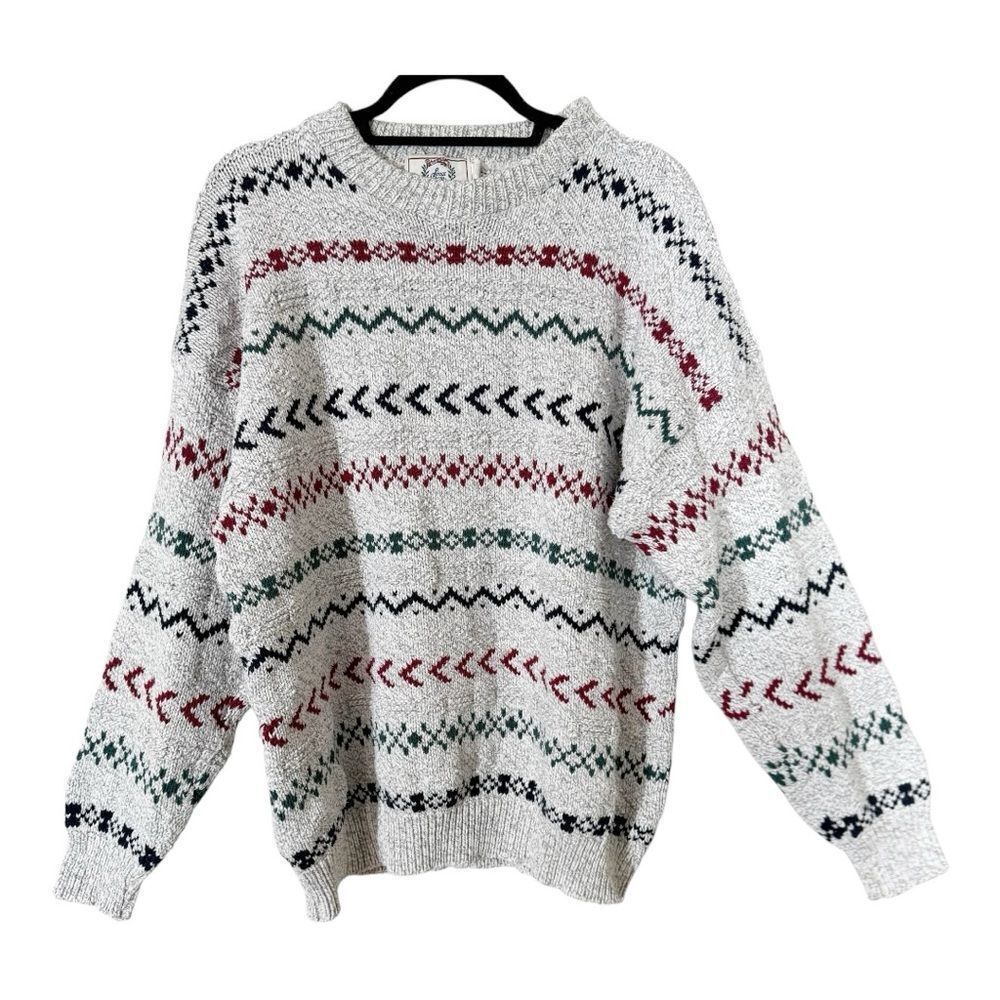 Sears Vintage Mens‎ Light Gray Grandpacore Crew Neck Cotton Knit Sweater Large